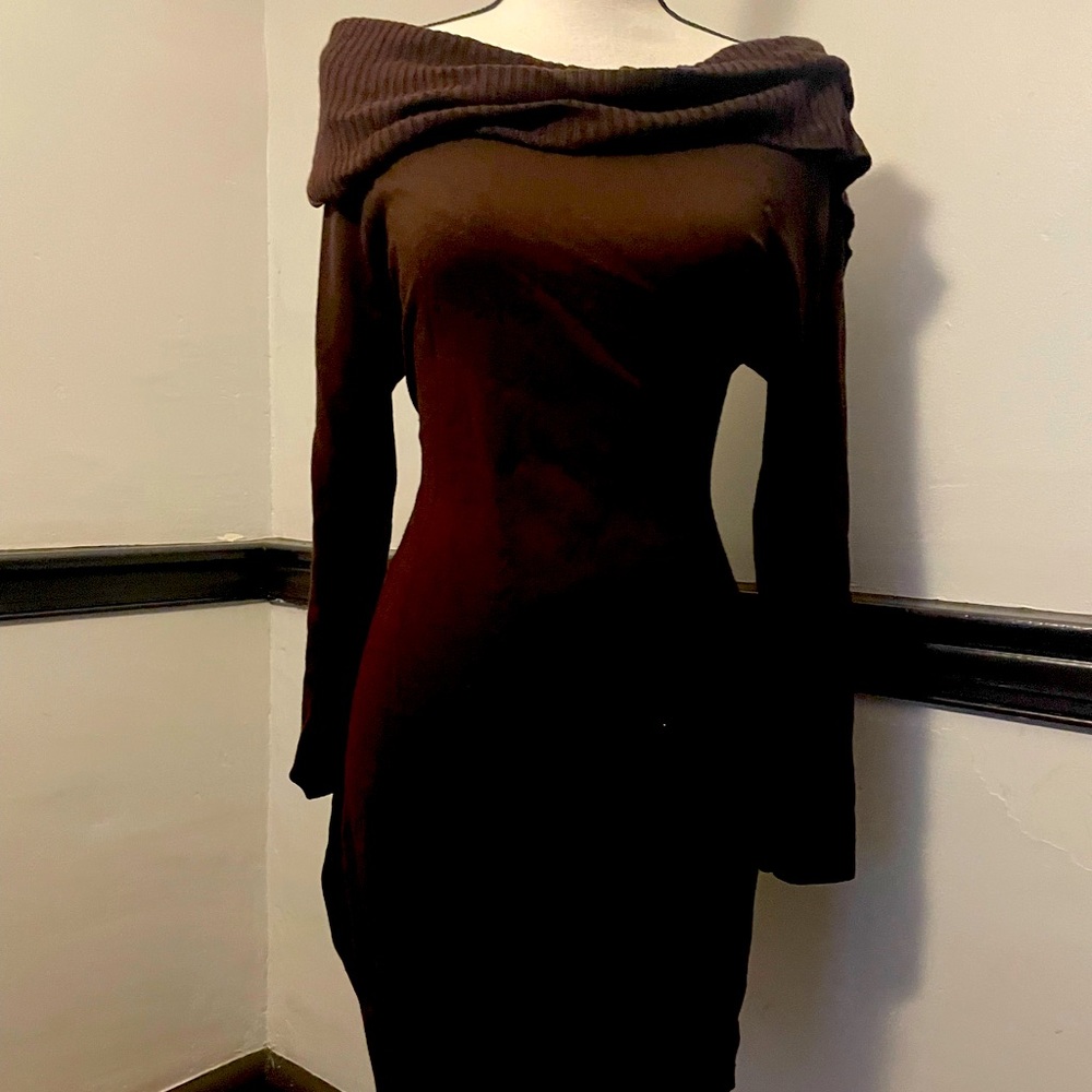 Chocolate Brown Cowl Neck Sweater Dress